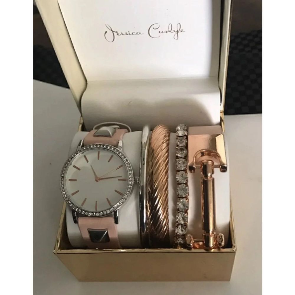 BNIB~Trendy Women's Pink Silver Studded Strap Watch & Bracelet Boxed Set